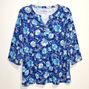Blair Woman’s Blue Floral 3/4 Sleeve V-Neck Pullover Top – Size: Large
